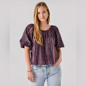 BNWT NATALIE MARTIN Voluminous Paisley Stripe Cotton Top XL Navy/Pink/Gray